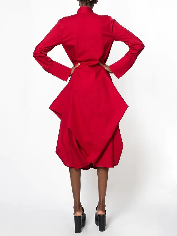 Long Sleeves Loose Solid Color Split-Side Stand Collar Midi Dresses