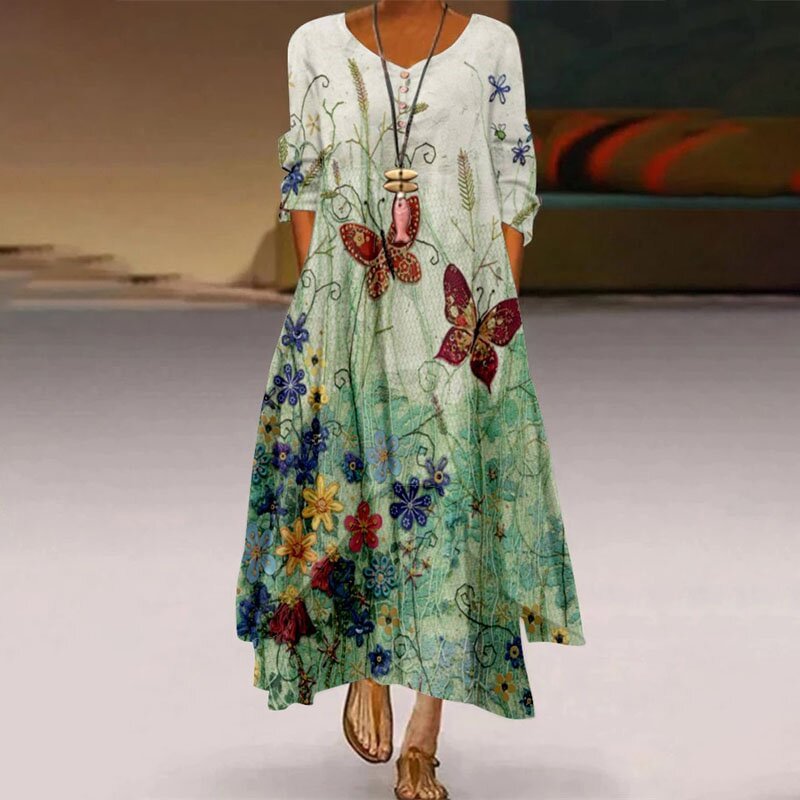 Women's Retro Printed Long-Sleeved Dress