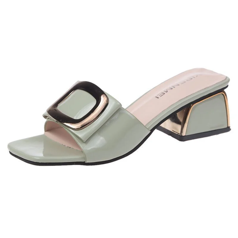 Summer Women Shoes Slippers Fashion Metal Buckle Ladies Mules Slides High Heels Pumps Women Casual Slippers 515-1