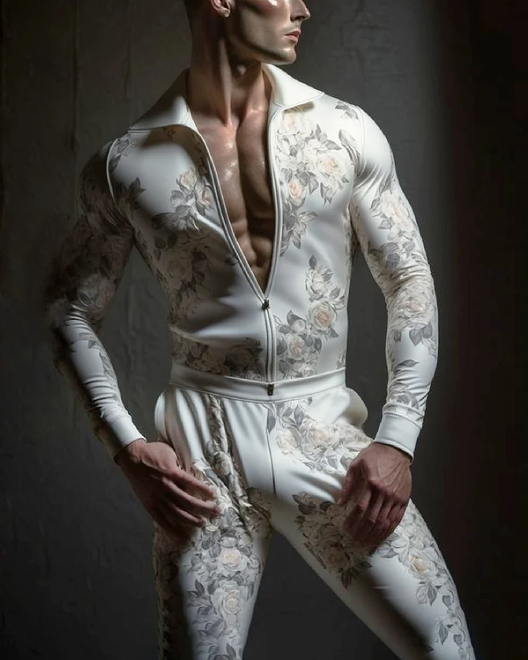 Men's Trendy Floral Print Zipper Slim Fit Jumpsuit