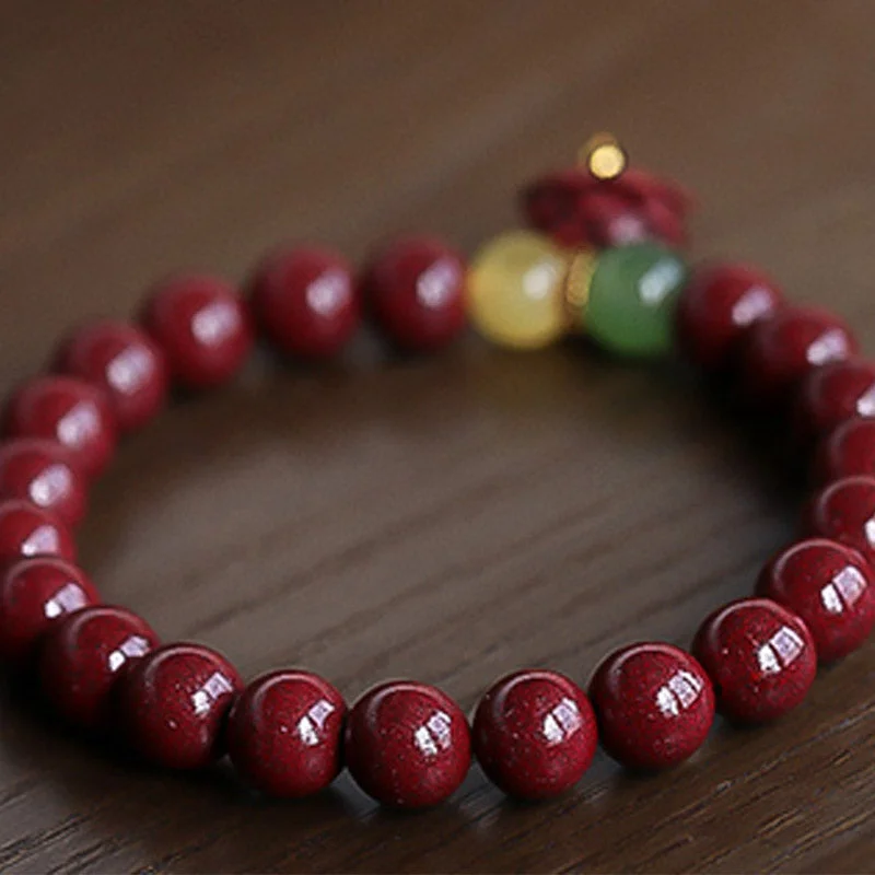 Natural Cinnabar Lotus Luck Blessing Charm Bracelet