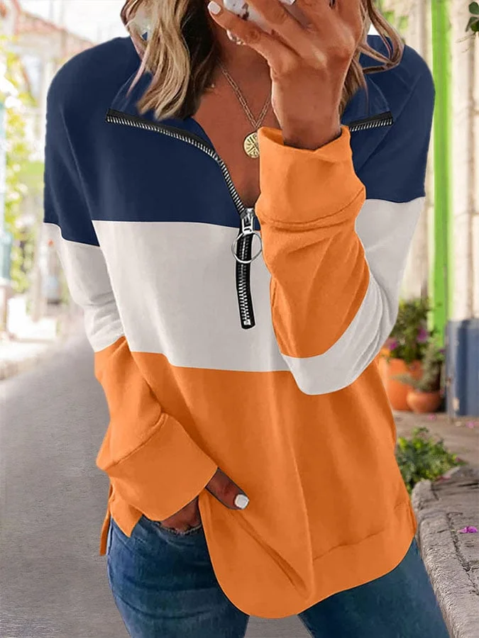 Loose Panel Color V-Neck Long Sleeve Sweatshirt