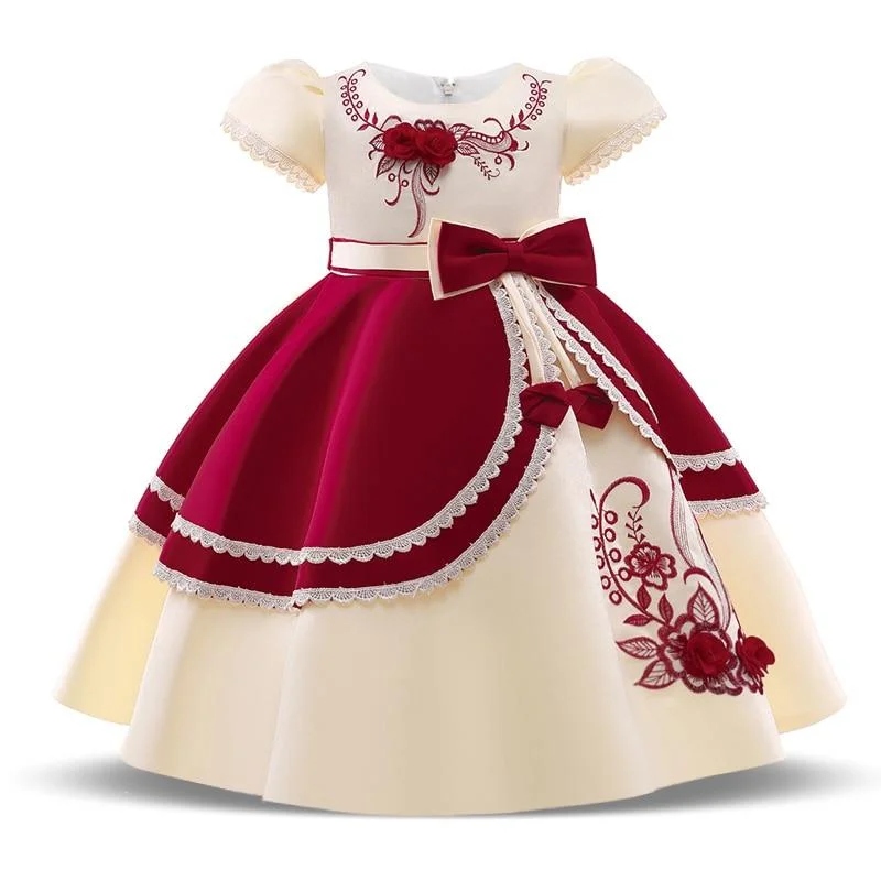 2021 Formal Kids Vintage Embroidery Dress For Girl Children Costume Prom Party Princess Dresses Girls Vestido Short Sleeve Gown 1103-1