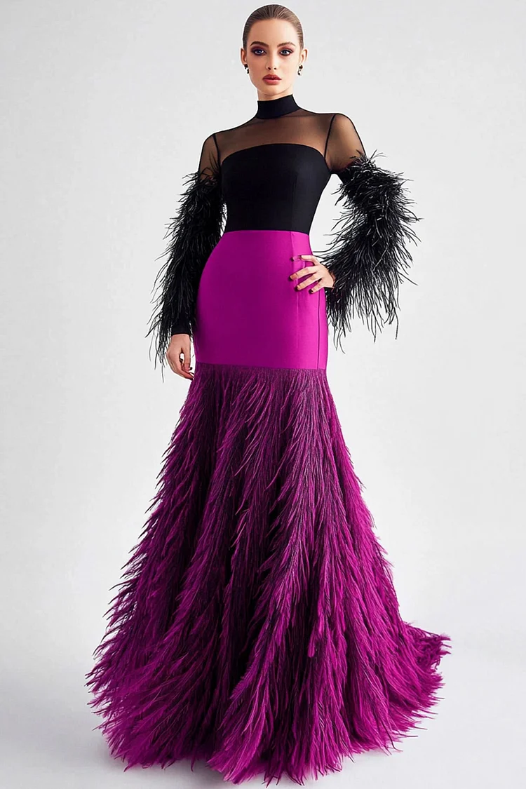 Mock Neck Mesh Patchwork Feather Maxi Dress-Purple [Custom-Made]
