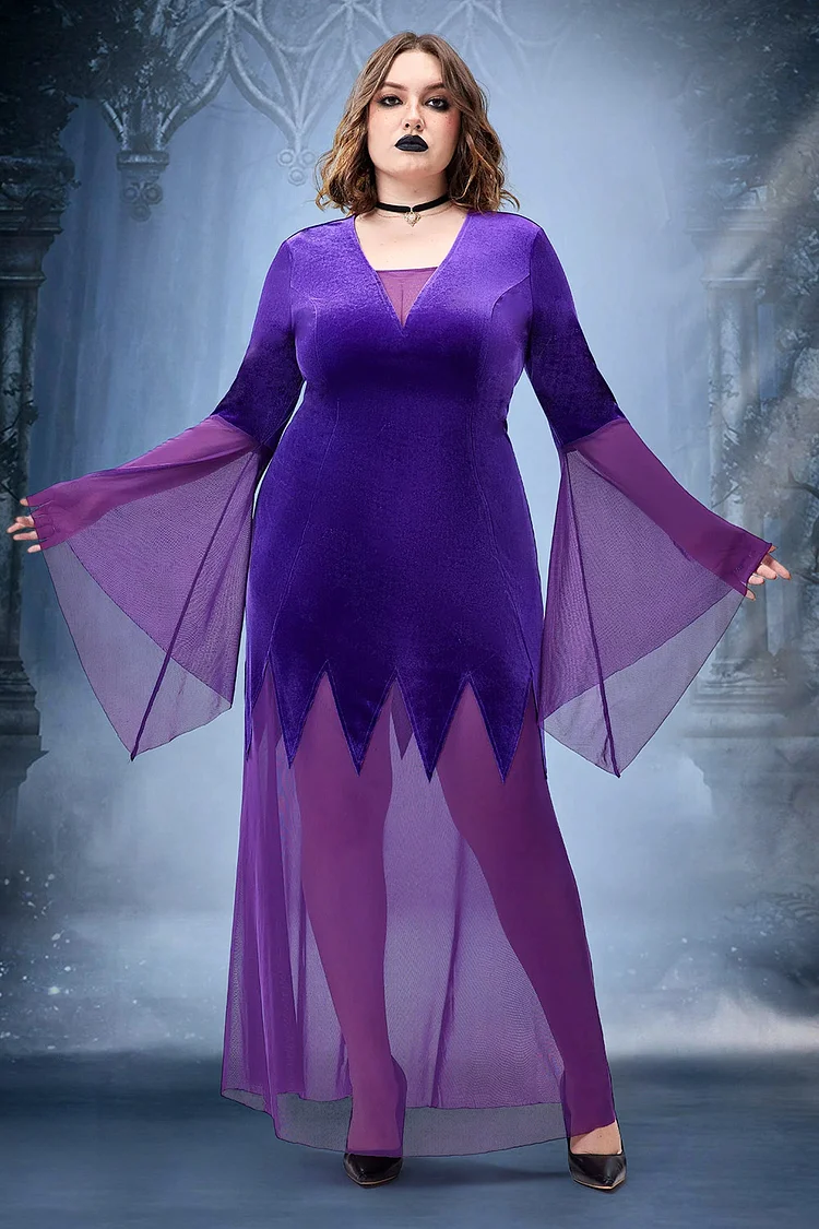 Xpluswear Design Plus Size Halloween Costume Purple V-Neck Flare Sleeve Lace Bat Velvet Maxi Dress 