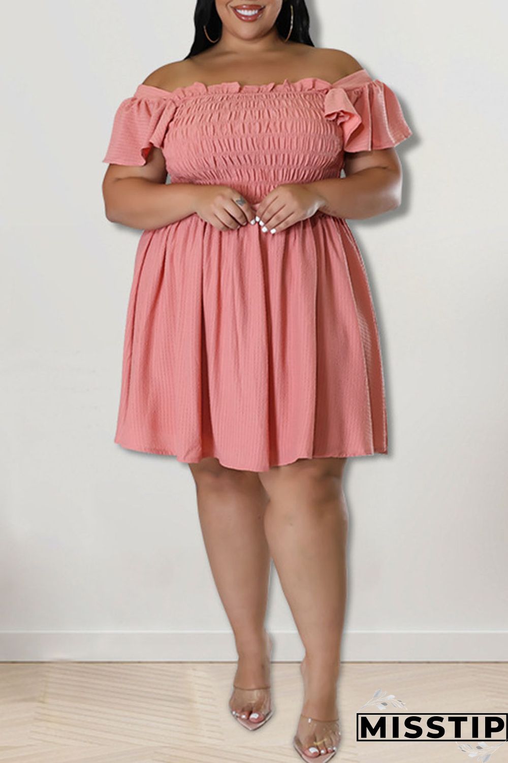 Rose Red Casual Sweet Solid Patchwork Fold Off the Shoulder A Line Plus Size Dresses