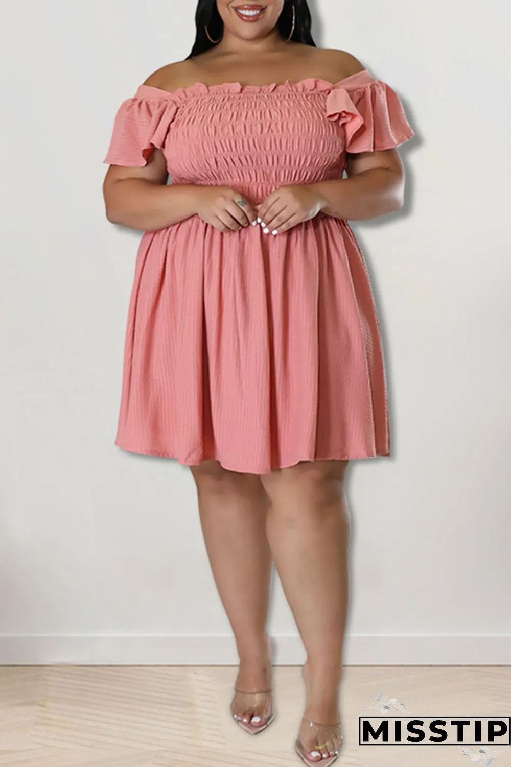 Rose Red Casual Sweet Solid Patchwork Fold Off the Shoulder A Line Plus Size Dresses