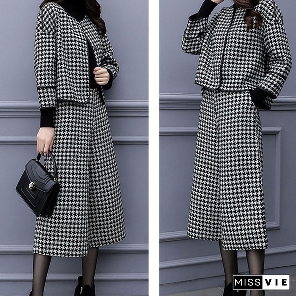 Autumn Winter Two Piece Sets Outfits Women Woolen Coat And Cropped Wide Leg Pants Suits Office Elegant Sets
