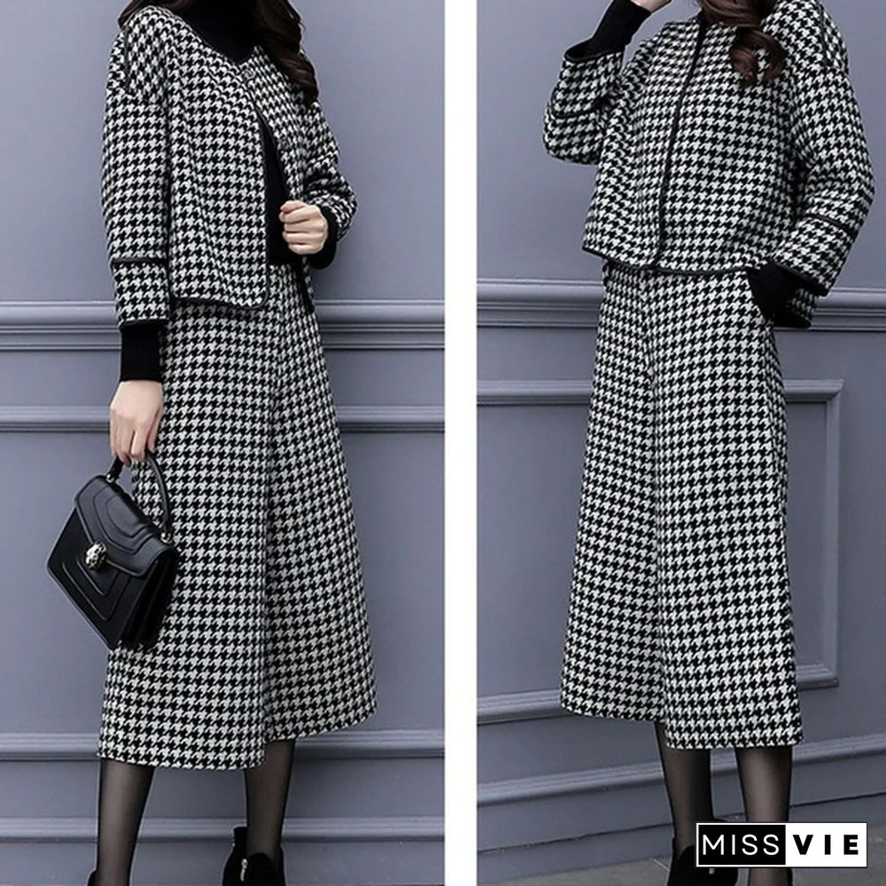 Autumn Winter Two Piece Sets Outfits Women Woolen Coat And Cropped Wide Leg Pants Suits Office Elegant Sets