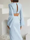 Simple V-Neck Long Sleeve Top&Split-Side Skirt Two-Piece Suit