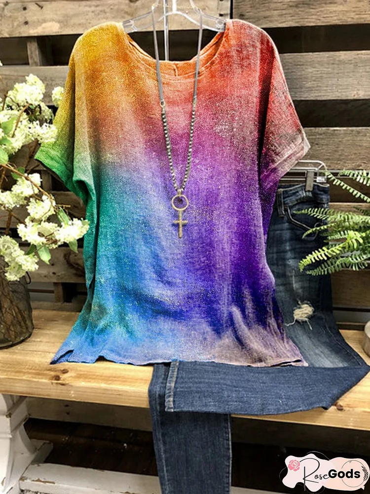 Multicolor Simple Short Sleeve Round Neck Tie-Dyed Shirt & Top