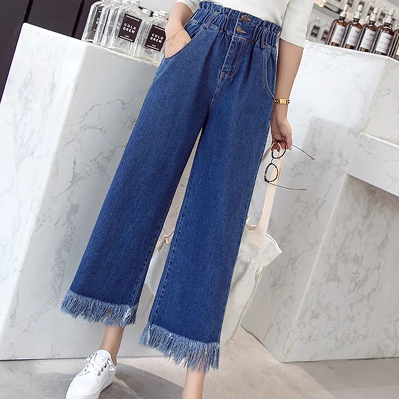 Zoki Spring Plus Size Women Jeans Tassel High Waist Elastic Ankle-Length Denim Pants Fashion Loose Wide leg Female Jeans S-5XL