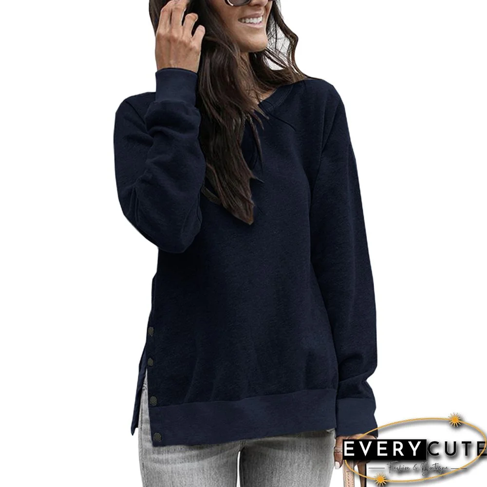 Navy Blue Button up Split Long Sleeve Sweatshirt