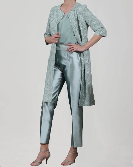 Embroidered Pants Suit with Coat Three Peiece
