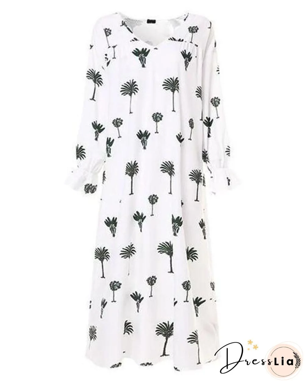 Plant Print Mid Sleeved Maxi Dress