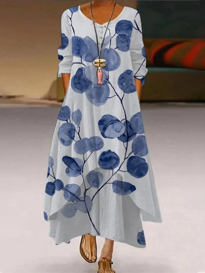 Women's Botanical Floral Design Printed Double Layer Casual Dress