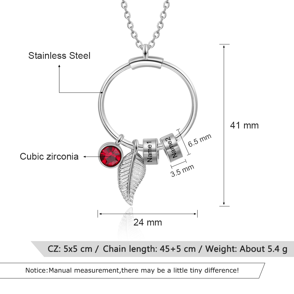 Collana con ciondolo foglia e cerchio 2 nomi e 2 pietre di nascita personalizzati regalo per donna