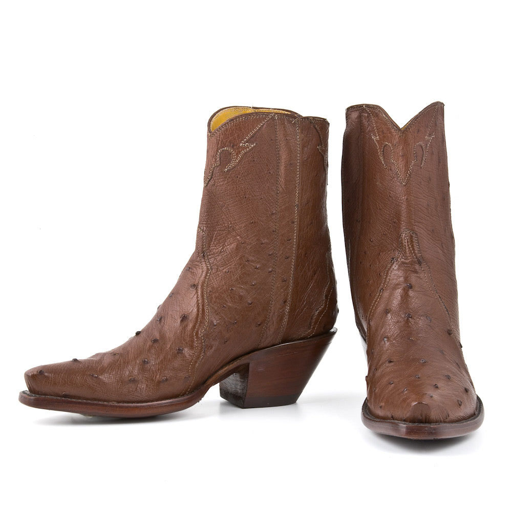 Brown Ostrich Embossed Snip Toe Chunky Heel Zipper Cowgirl Boots Nicepairs