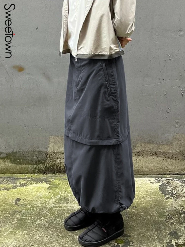 Sweetown Gray Casual Baggy Loose Size Cargo Skirts Womens Big Pockets Streetwear Drawstring Hem Low Waist Hippie Long Skirt Y2K
