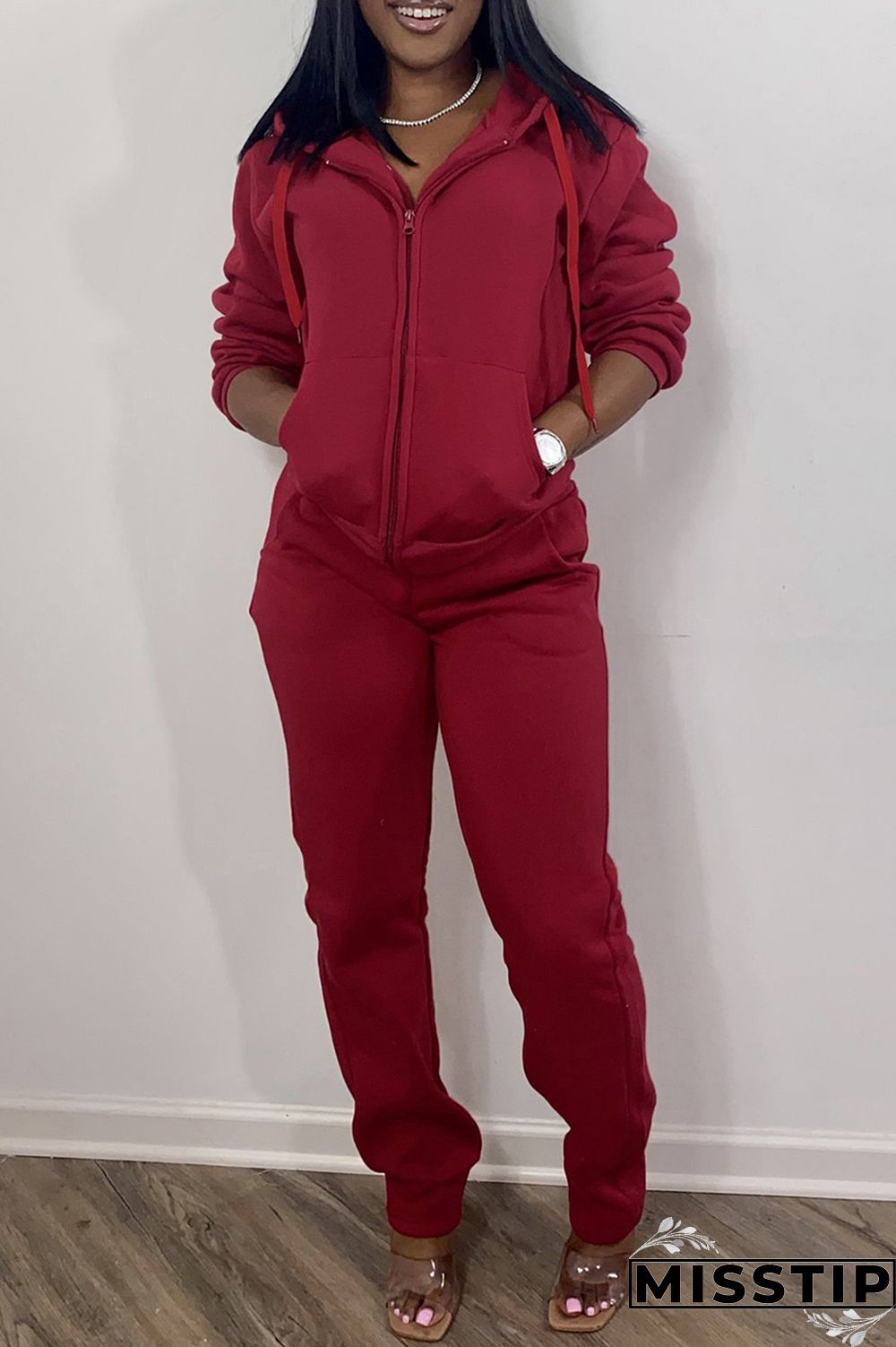 Red Fashion Casual Solid Basic Hooded Collar Long Sleeve Two Pieces