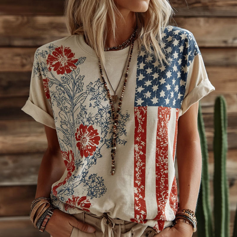 Comstylish Women's Retro Independence Day Flag And Floral Print Casual T-shirt