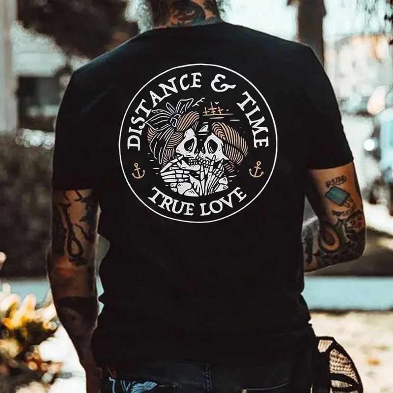 DISTANCE & TIME TRUE LOVE Skulls Black Print T-shirt