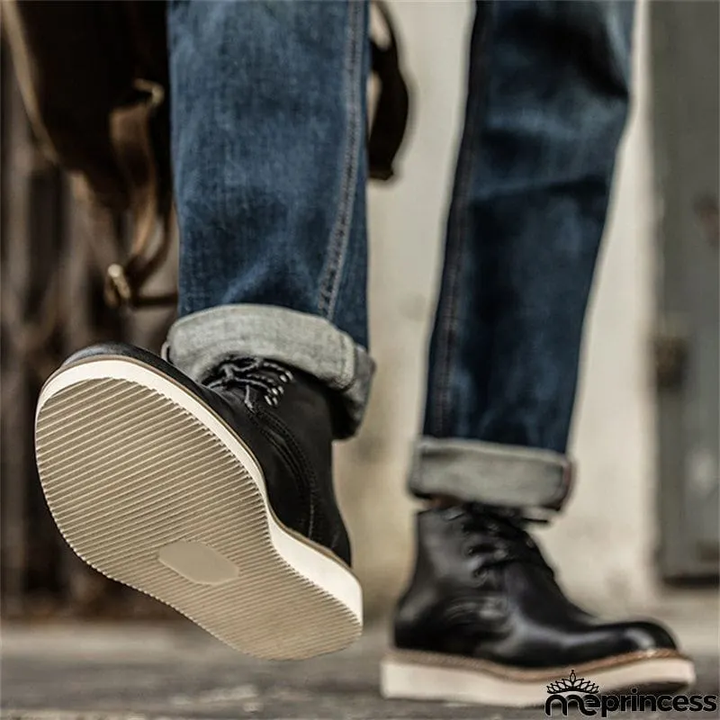 Mens Casual High Top Lace Up Genuine Leather Round Toe Ankle Boots