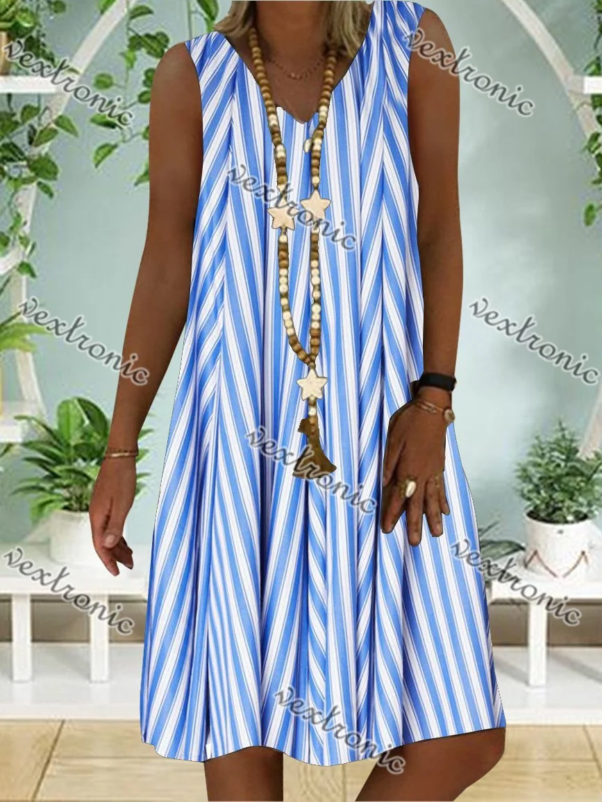 Women Blue Sleeveless V-neck Striped Printed Midi Dress