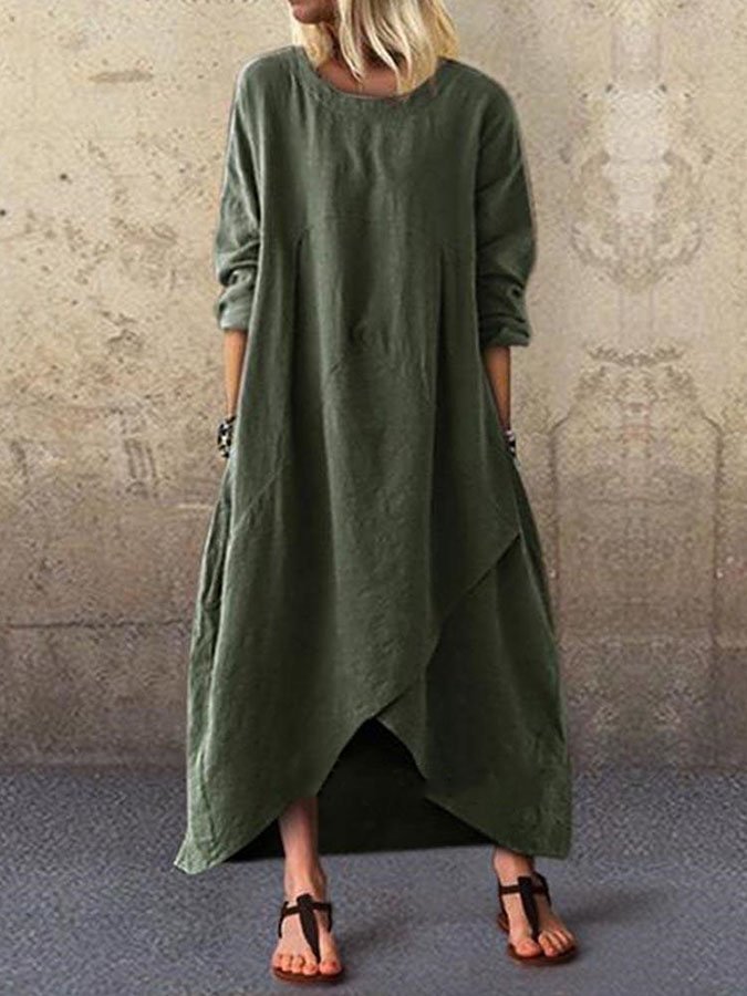 Solid Color Cotton And Linen Dress