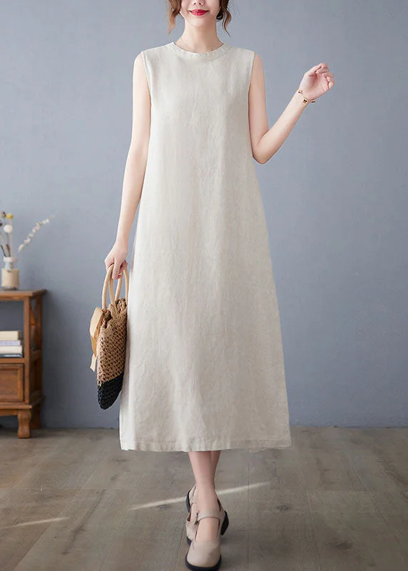 Boutique Beige O Neck Pockets Patchwork Cotton Dresses Sleeveless