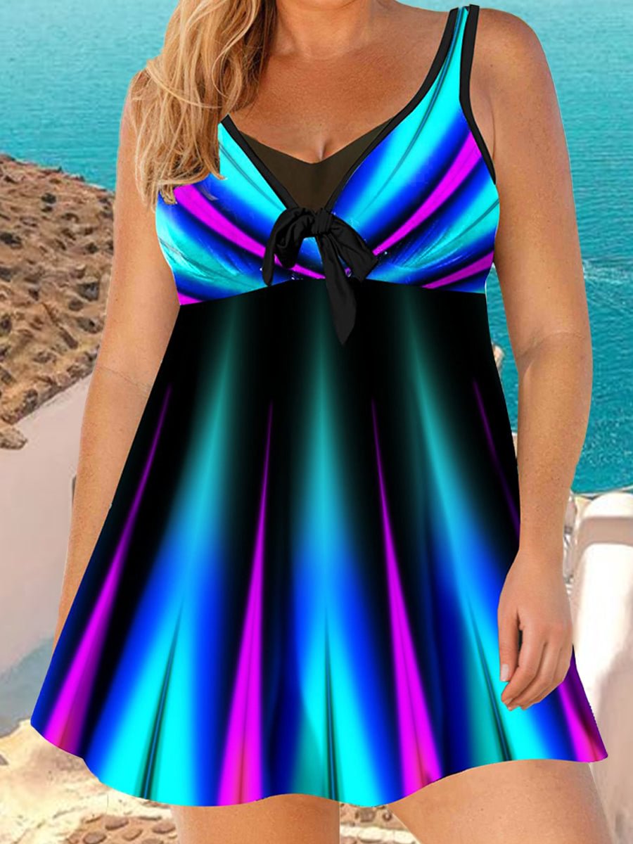 Colorful Pattern Print Cool Shoulder Plus Size Swimwear Dress