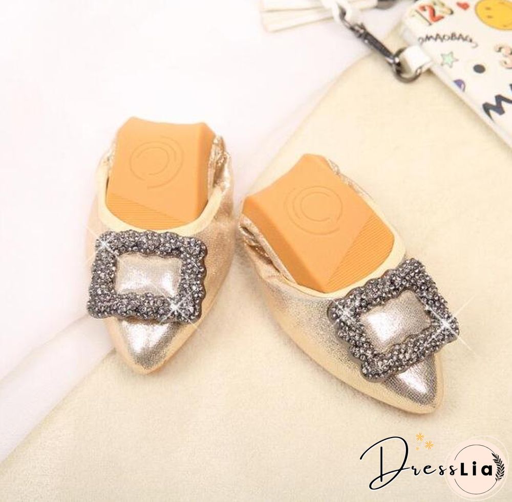 Crystal Ballet Flat Shoes Rhinestone Women Butterfly Pointed Toe Golden Shoes Flats