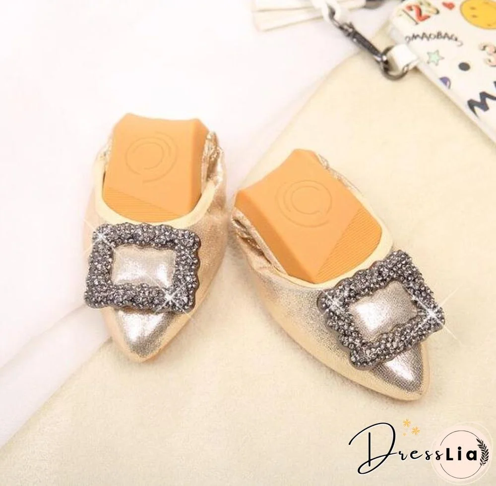 Crystal Ballet Flat Shoes Rhinestone Women Butterfly Pointed Toe Golden Shoes Flats