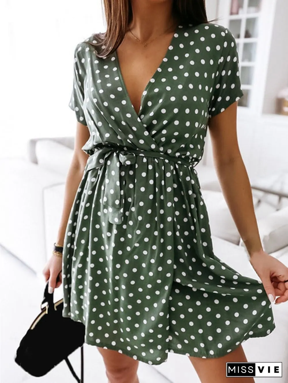 Summer V Neck Polka Dot Boho Dress Bohemian Women Beach Dress Fashion Short Sleeve Casual Mini Dress