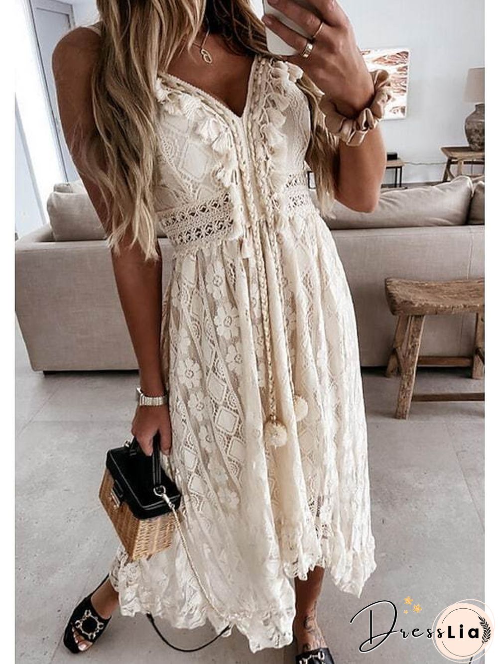 Women's Swing Dress Maxi Long Dress White Beige Sleeveless Solid Color Embroidered Lace Spring Summer V Neck Casual Boho Beach Lace S M L XL XXL