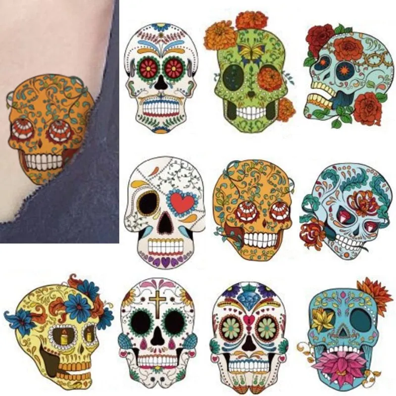 10-20pcs/set Colorful Halloween Skull Head Temporary Tattoo Sticker Child Adult Body Art Water Transfer Fake Tattoo for Face
