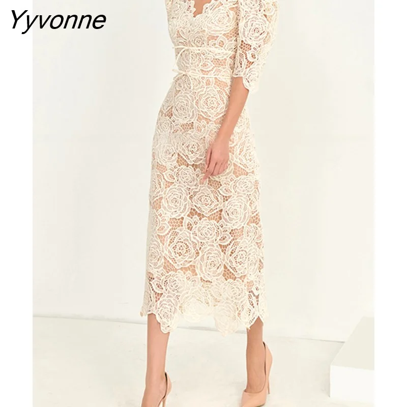 Yyvonne Spring Summer Short Sleeve Floral Lace Dress Women Elegant V-neck Slim Waist Ladies Package Hip Dress OL Vestidos