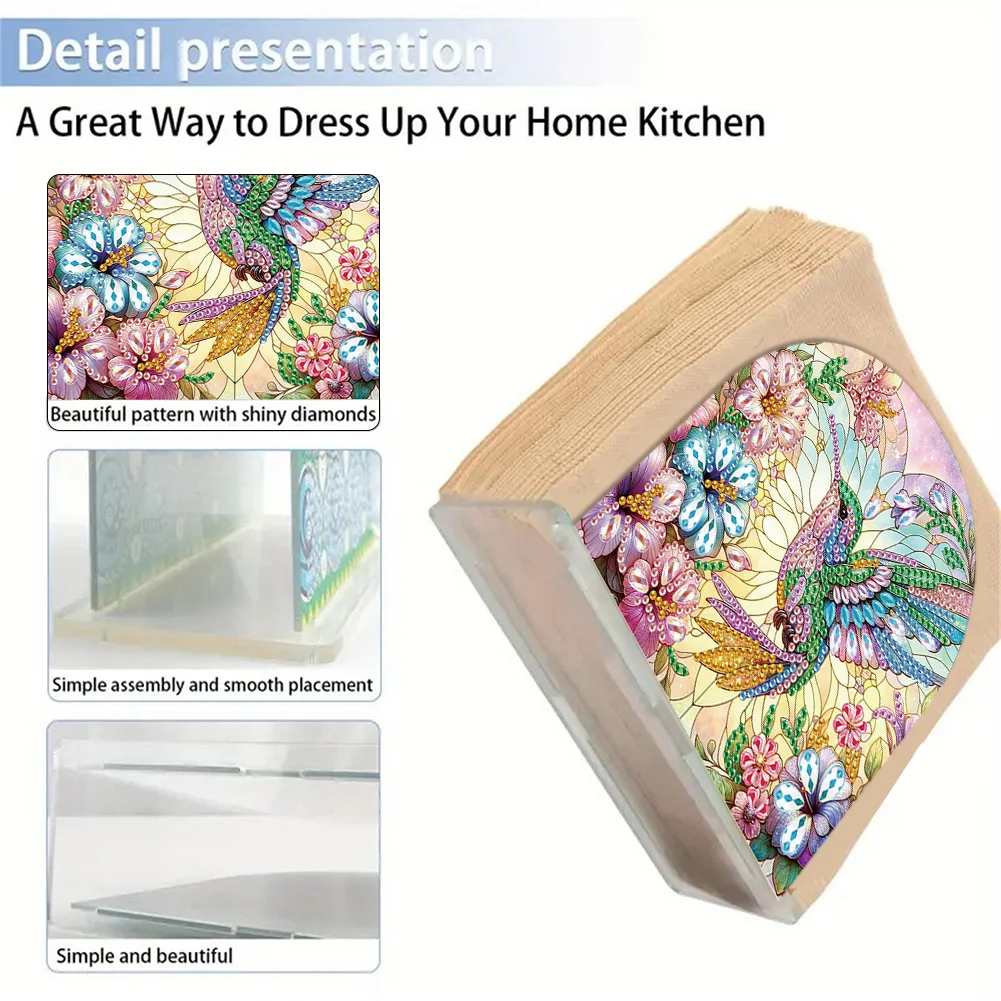 DIY Flower Hummingbird Acrylic Napkin Holder Diamond Painting Kit for Home Table Decor