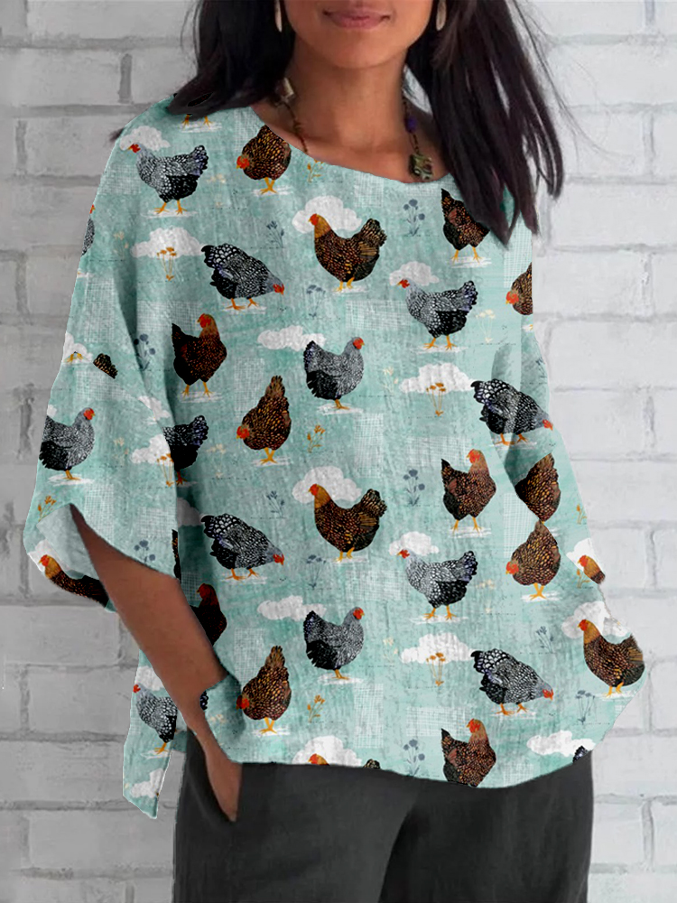 Comstylish Farm Chickens Pattern Linen Blend Cozy Tunic