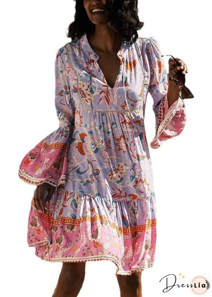 New Purple V Neck Lace Up Print Cotton Mid Dress Spring
