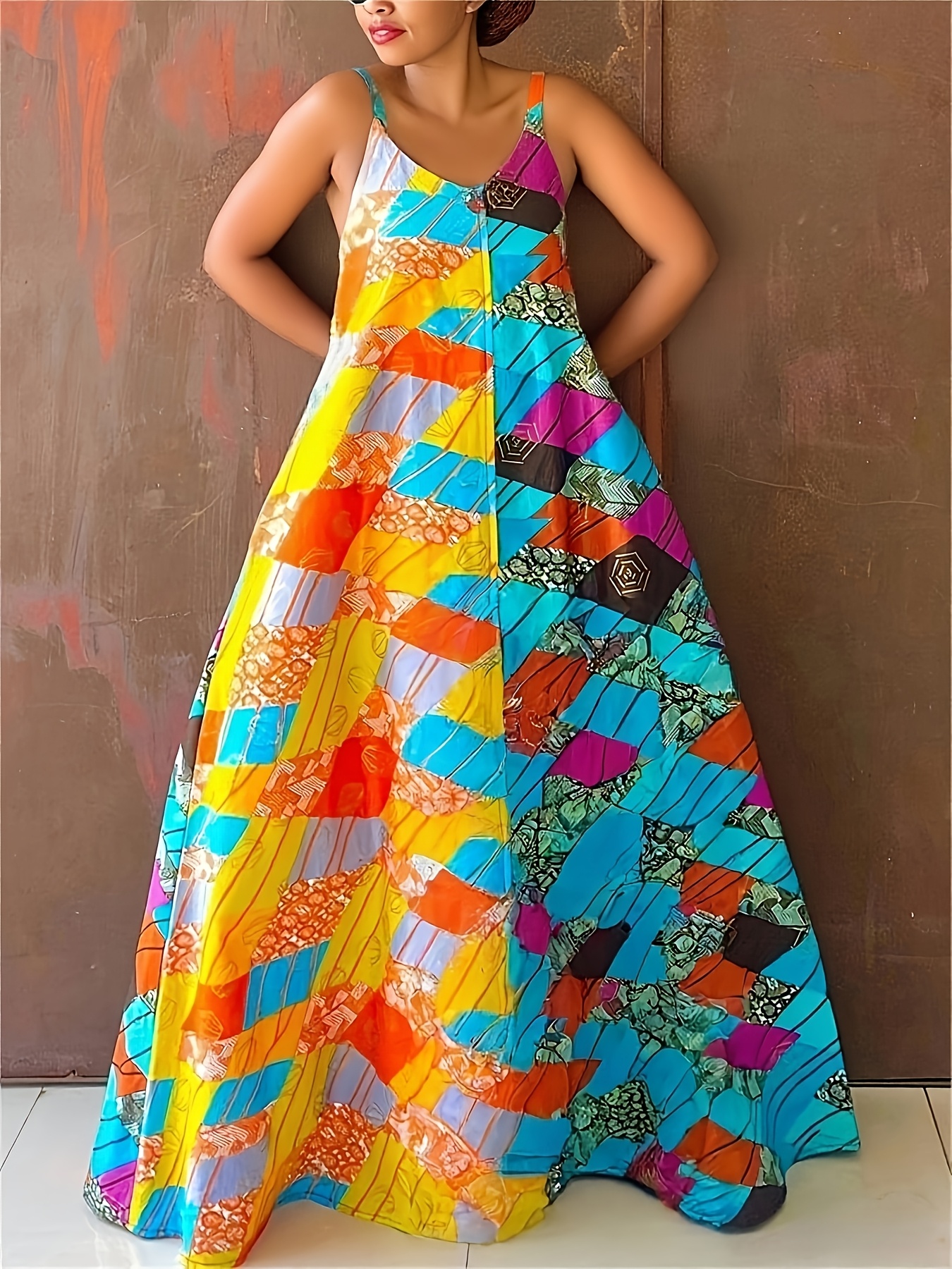 Glouri African Print Sundress With Hidden Pockets, Women's V-Neck Boho Maxi Dress, Colorful Stripes & Geometric Ankara Patterns For Beach Vacation/Casual Outfits Lightweight & Breathable | IFYHOME