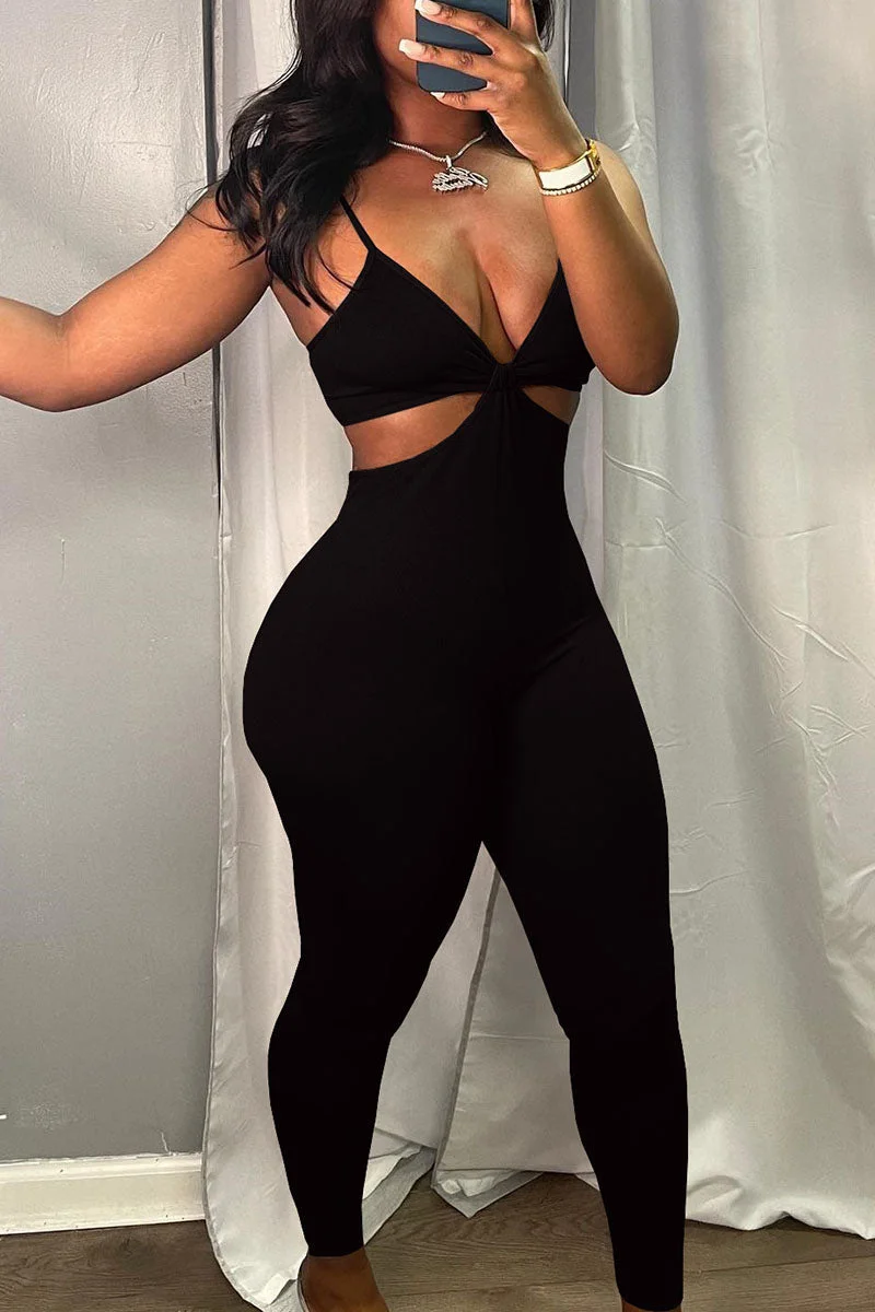 Sexy Solid Hollowed Out Split Joint Spaghetti Strap Regular Jumpsuits
