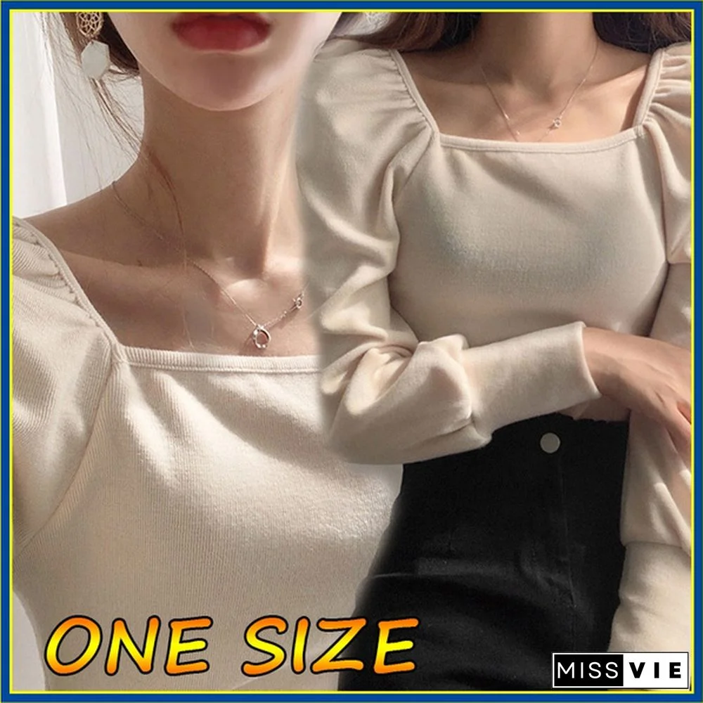 Korean Chic Women T Shirt Pull Long Sleeves Square Collar Solid Fashion T Shirt Knitted Spring Autumn Solid Tops