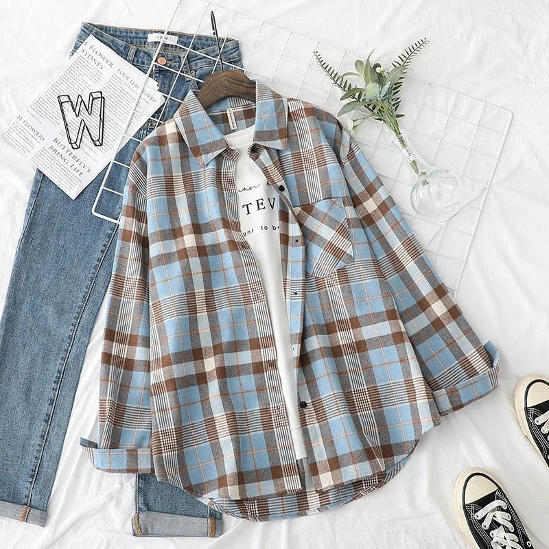 2022 Spring New Plaid Flannel Shirt Women Blouses And Tops Retro Cotton Lady Loose Outwear Chemisier Femme