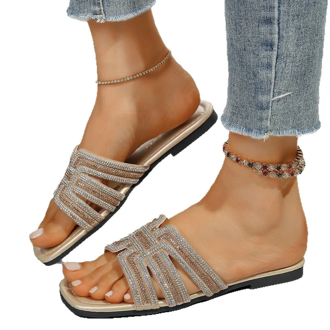 Breakj Breakj Flat Bottom Cool Slippers Women 2025 Summer New Color Water Drill Square Head Casual Word Slippers