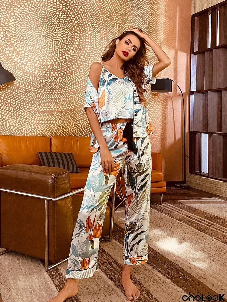 Printed Cami, Shirt, and Pants Lounge Set