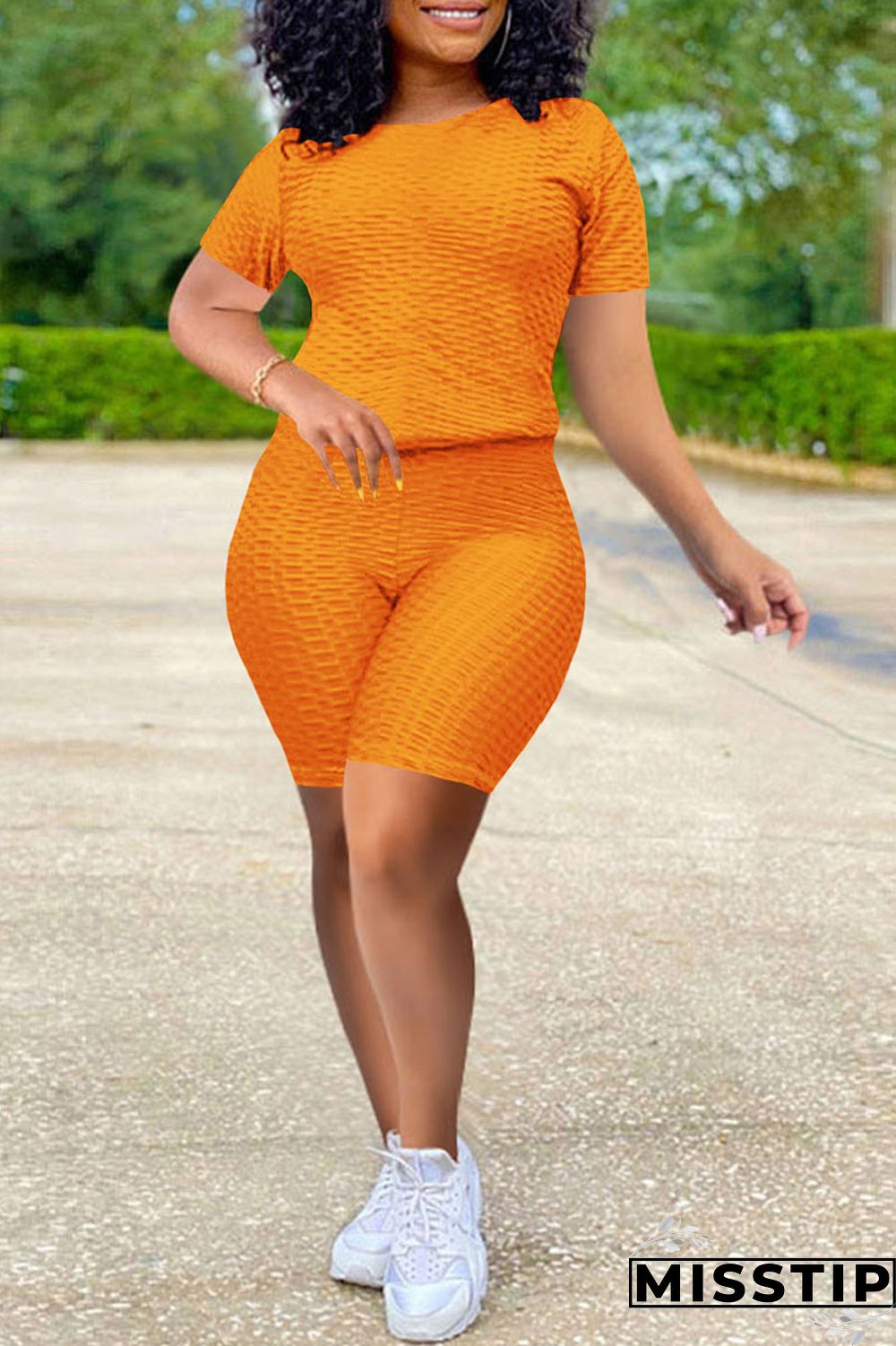 Fluorescent Red Fashion Casual Solid Basic O Neck Short Sleeve Two Pieces