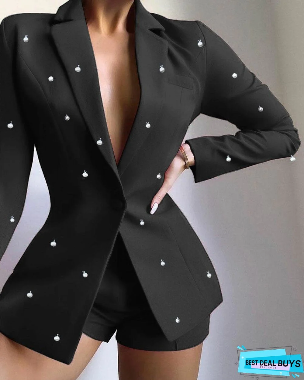 Pearls Decor Single Button Long Sleeve Blazer