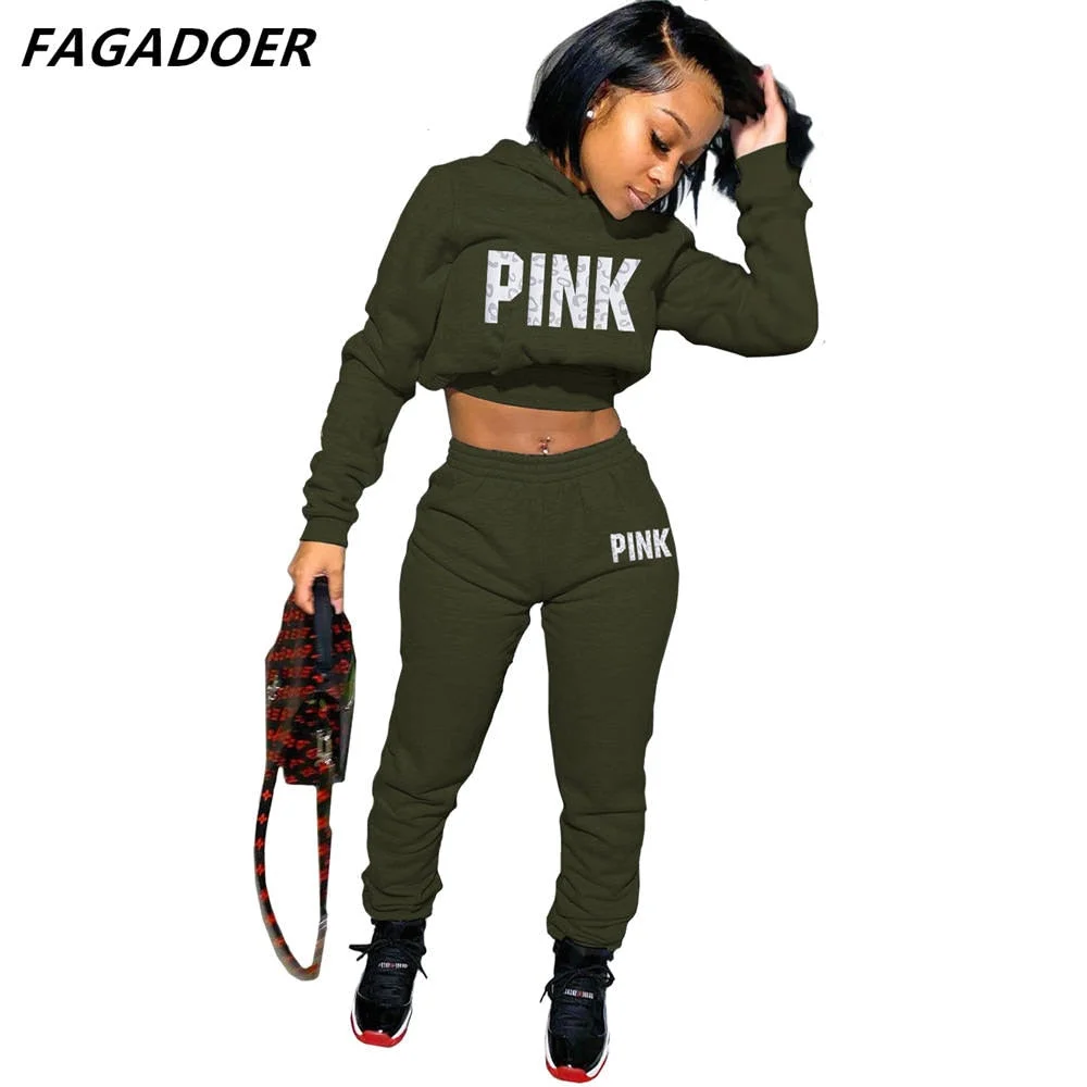 FAGADOER Pink Letter Print Sweatsuits Long Sleeve Hoodies And Jogger Pants Two Piece Sets Tracksuit Female Fall Winter Tracksuit