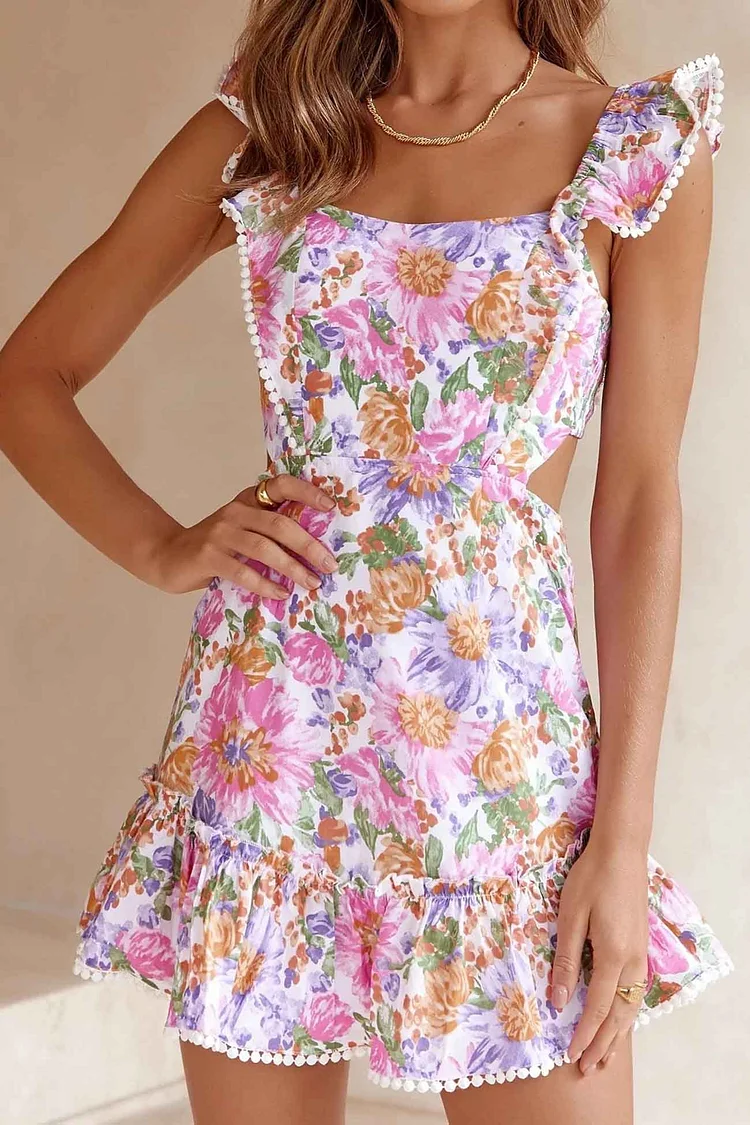 Floral Ruffle Back Tie Mini Dress